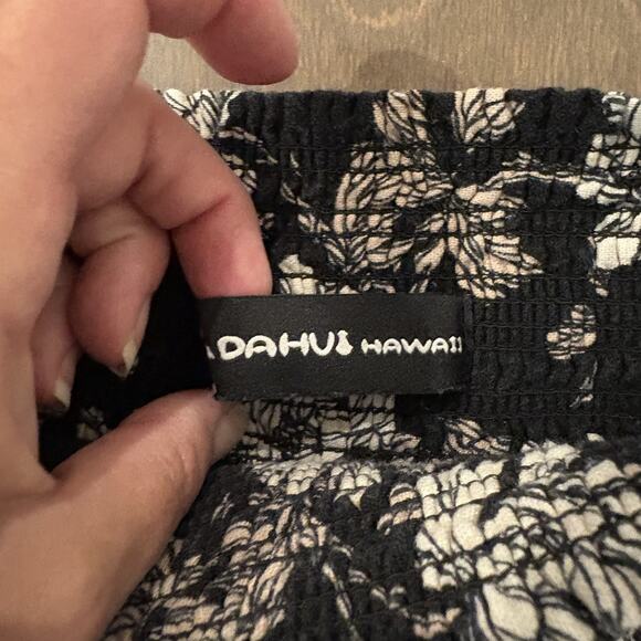 DaHui Hawaii Pants Womens Medium Black White Floral Wide Leg Linen Blend Smocked - Picture 3 of 16